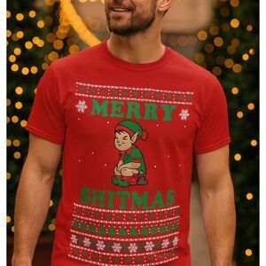 Merry Shitmas Elf Shirt Mens Small Red Funny Christmas Graphic Tee Novelty Humor